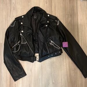 Black Leather Moto Jacket with chains